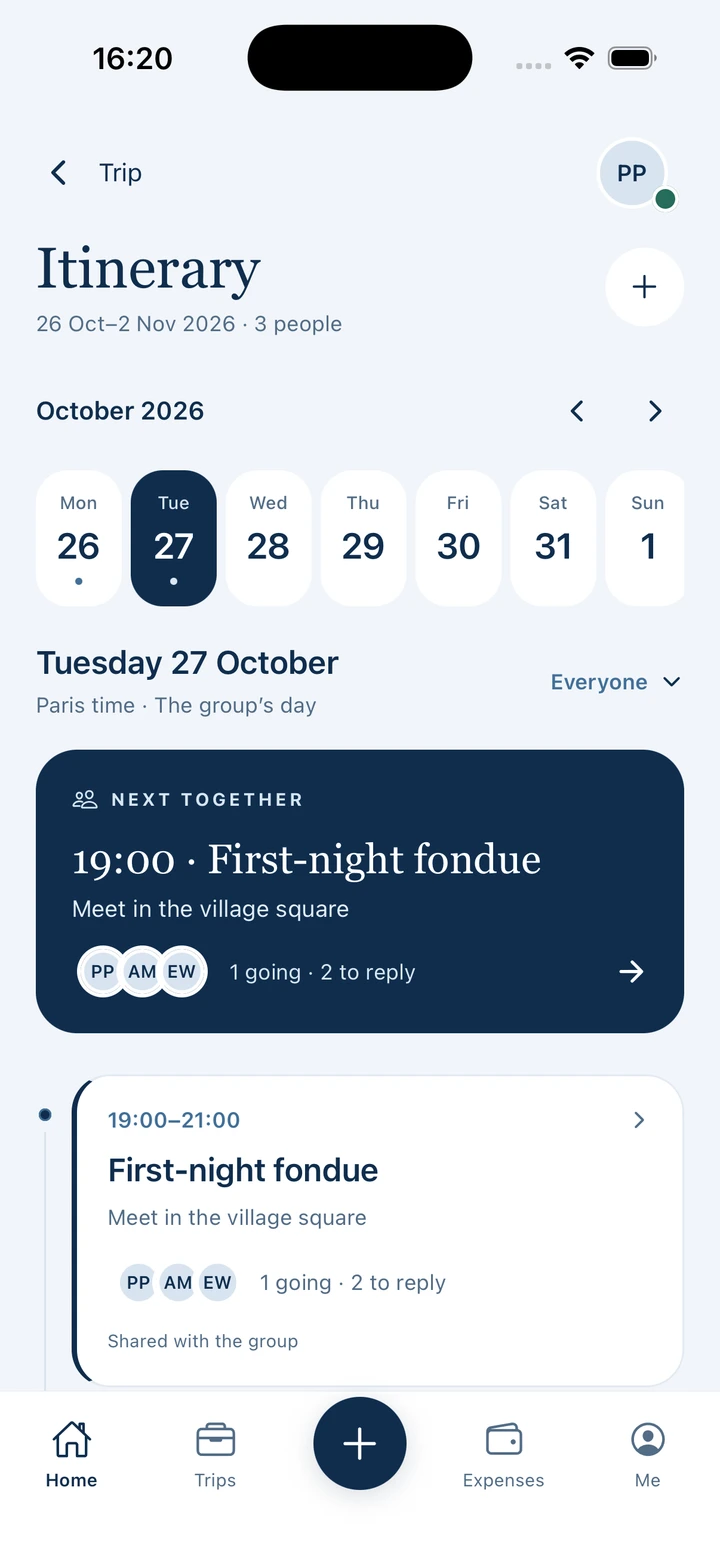 Pistio itinerary with a day selector, First-night fondue and Next together