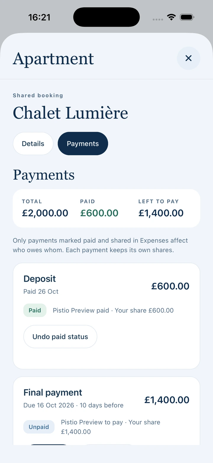 Pistio booking payments showing a deposit paid and a final balance still to pay