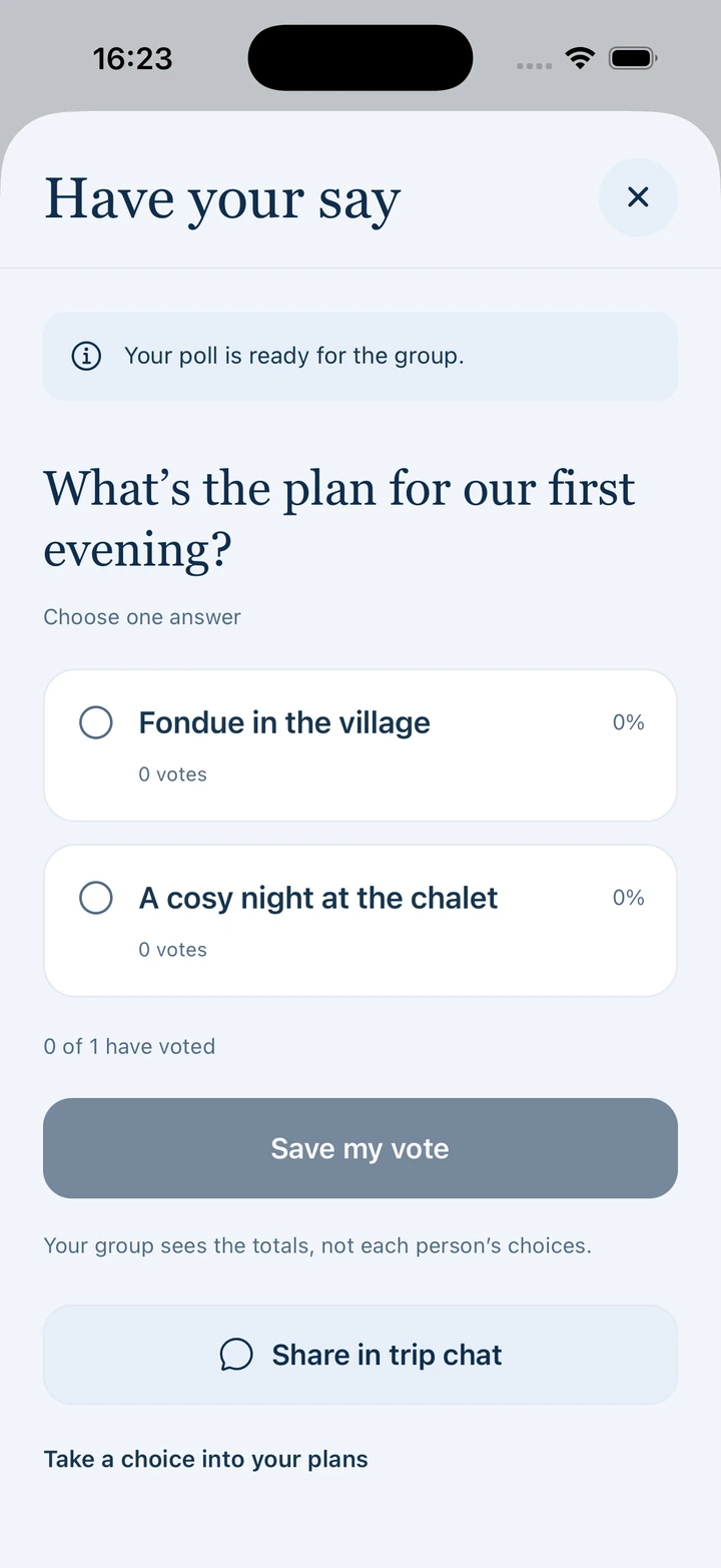 Pistio poll asking the group to choose their first evening plans