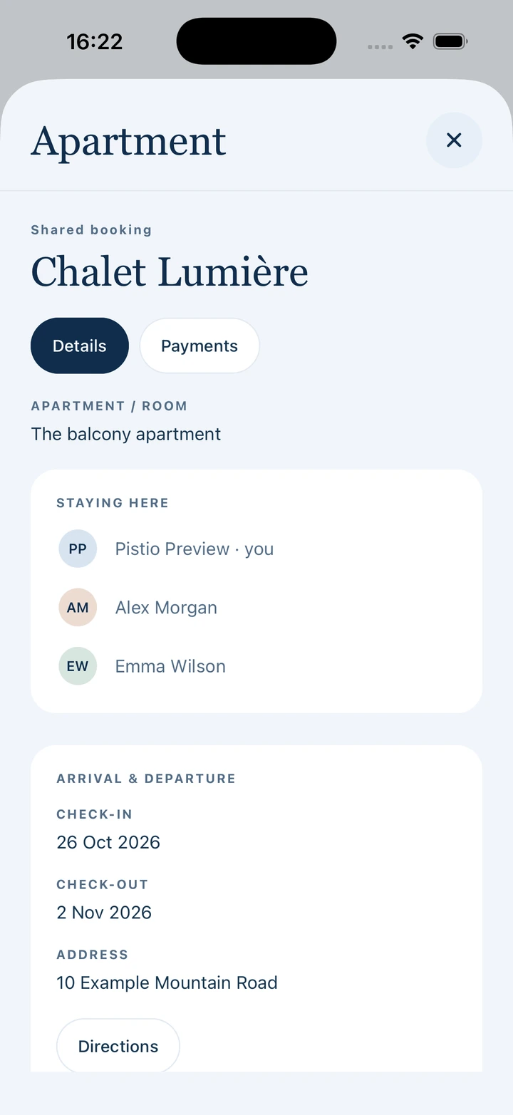 Pistio accommodation details, including guests, dates and address