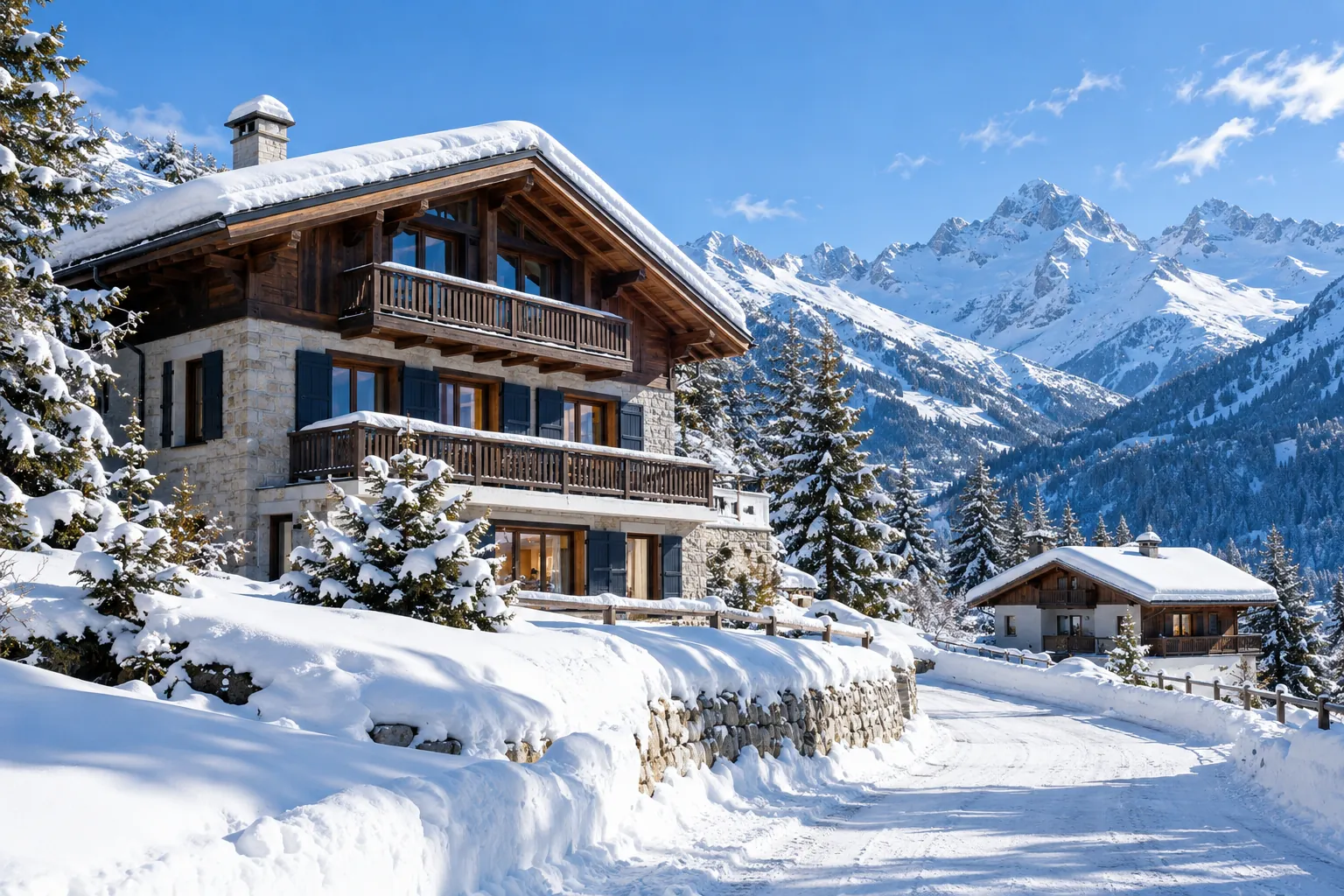 A snow-covered chalet and neighbouring apartment lodge beneath blue skies