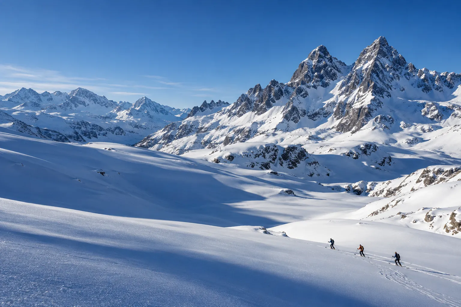 Skiers exploring a wide snowy Alpine landscape