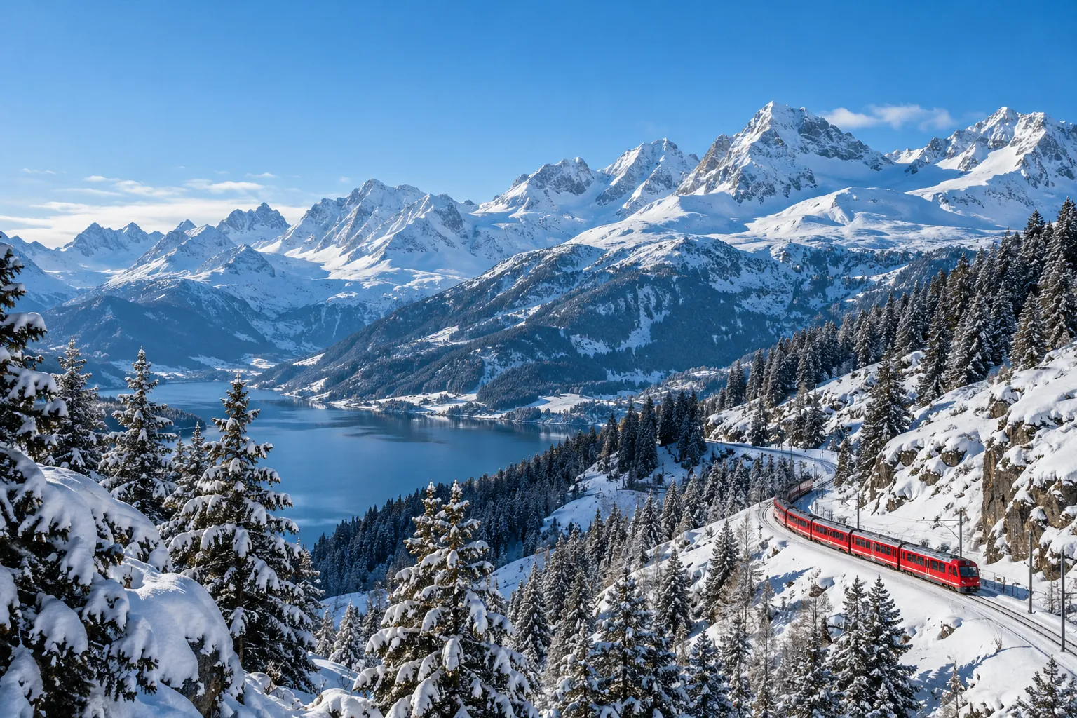 An Alpine train winding through a snowy mountain valley