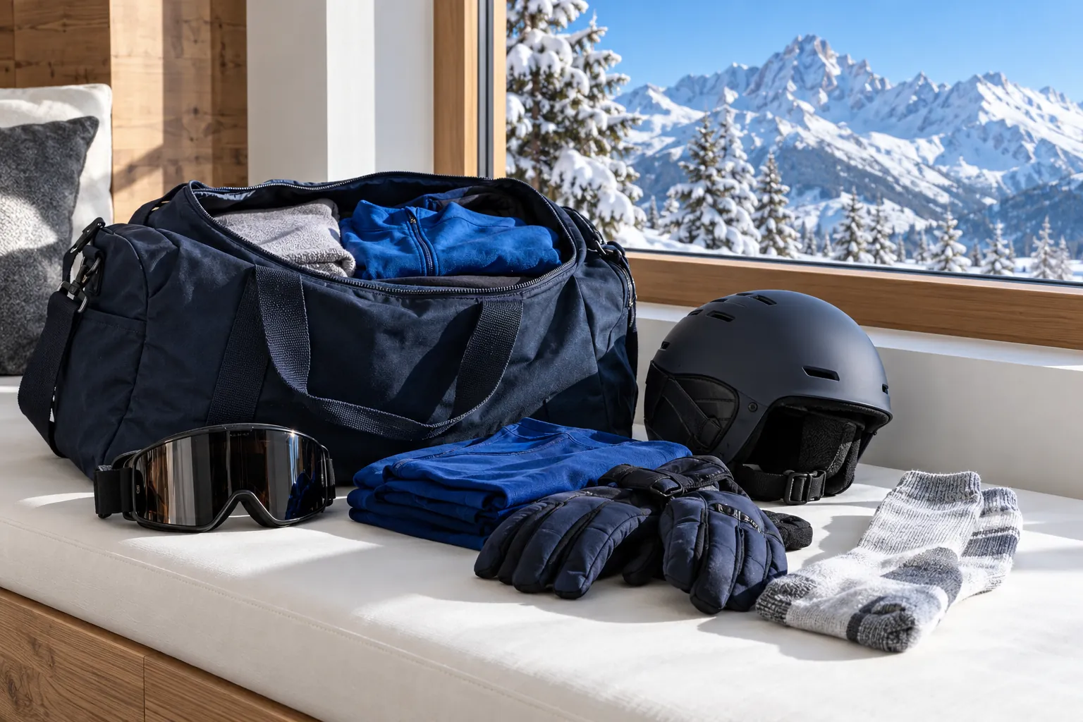 A navy ski bag with goggles, helmet and winter layers ready to pack