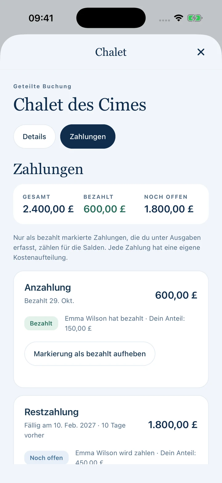 Eine Buchung mit getrennten Einträgen für Anzahlung und Restzahlung