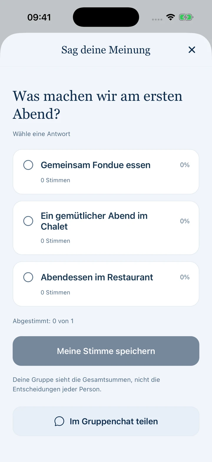 Eine Gruppenabstimmung mit Optionen und Stimmenzahlen