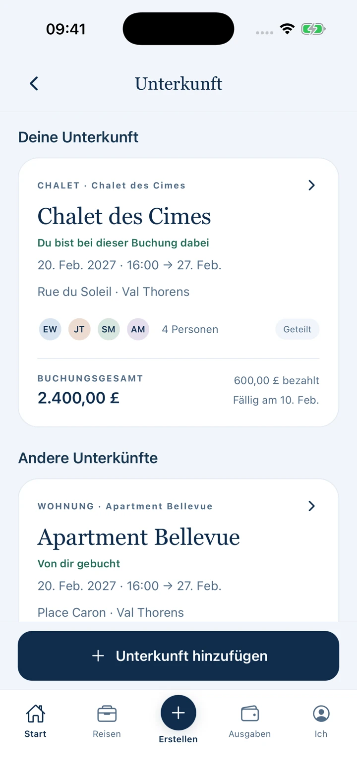 Unterkunftsbuchung mit Adresse, Gästen und Ankunftsdetails