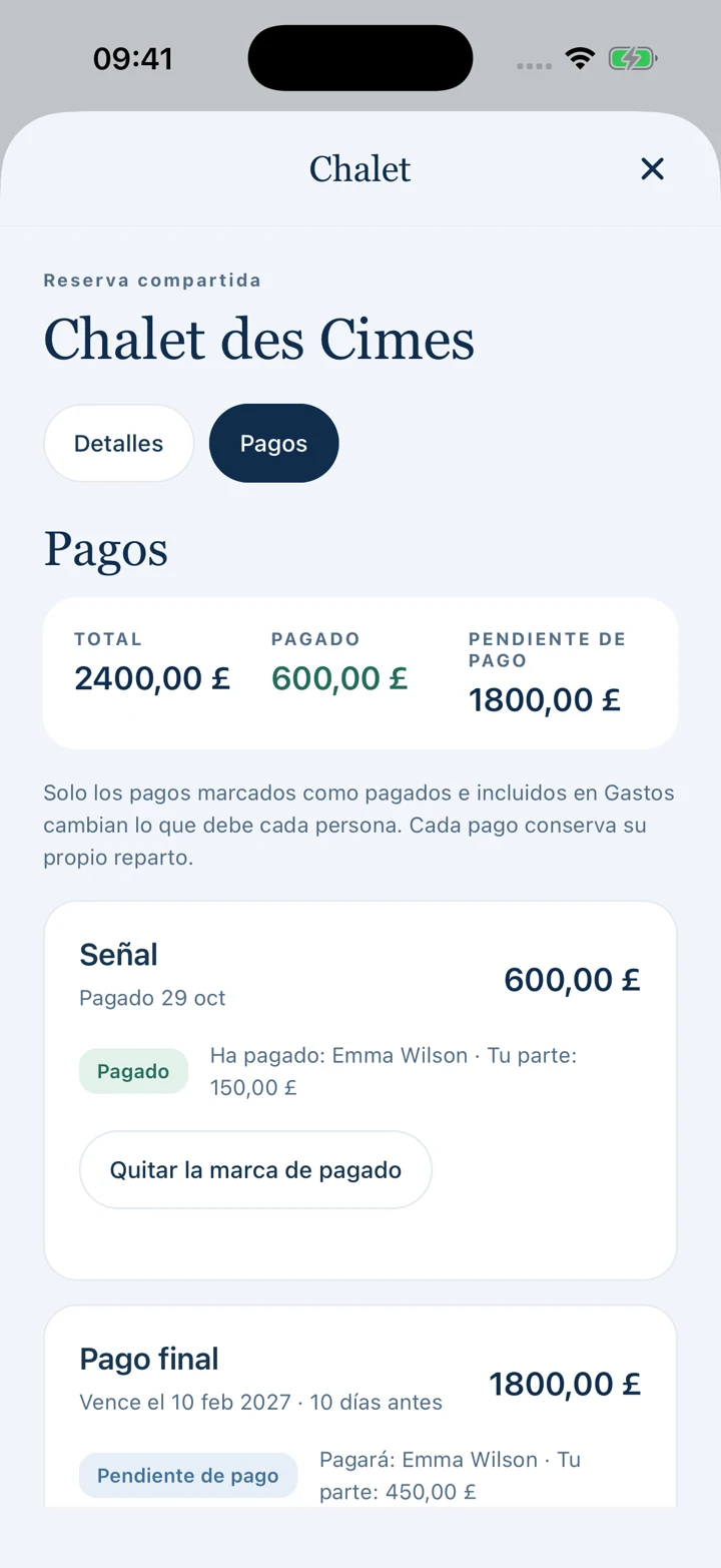 Una reserva con registros separados de señal y pago final