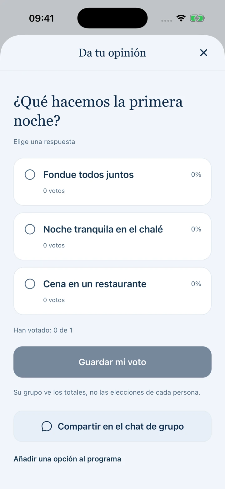 Una encuesta del grupo con opciones y recuento de votos