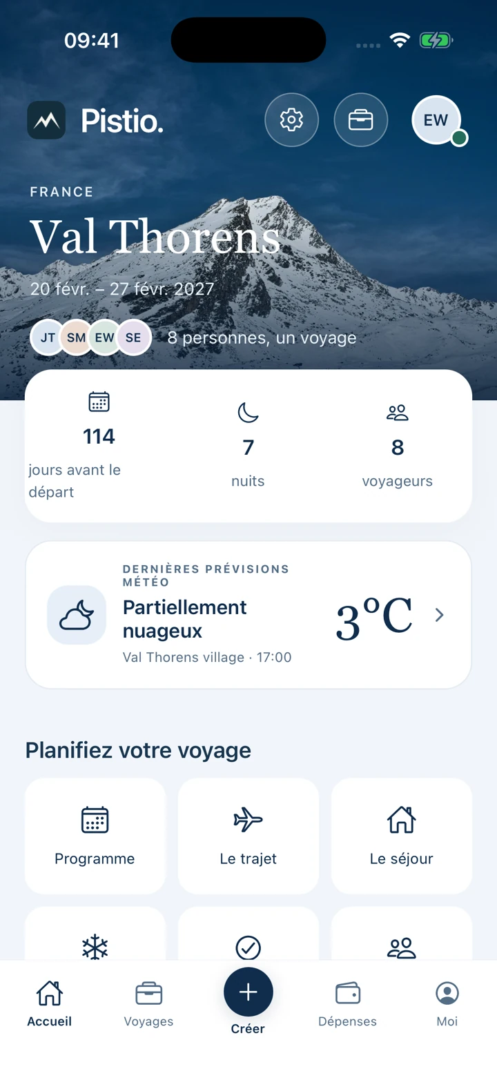 L’accueil du séjour, avec la destination, la météo et les outils d’organisation