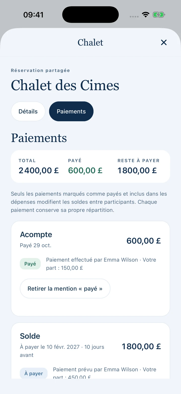 Une réservation avec enregistrements distincts de l’acompte et du solde