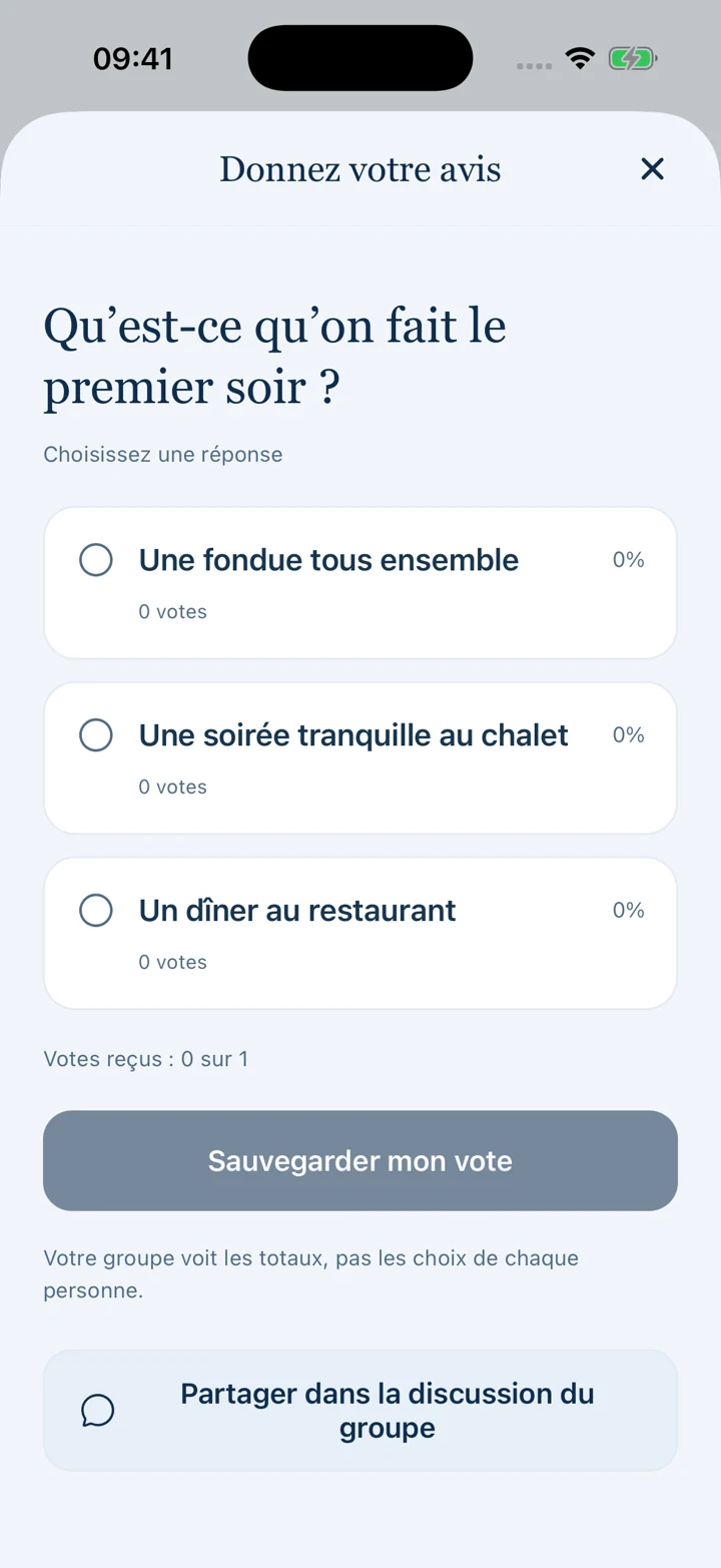 Un sondage de groupe avec options et nombres de votes
