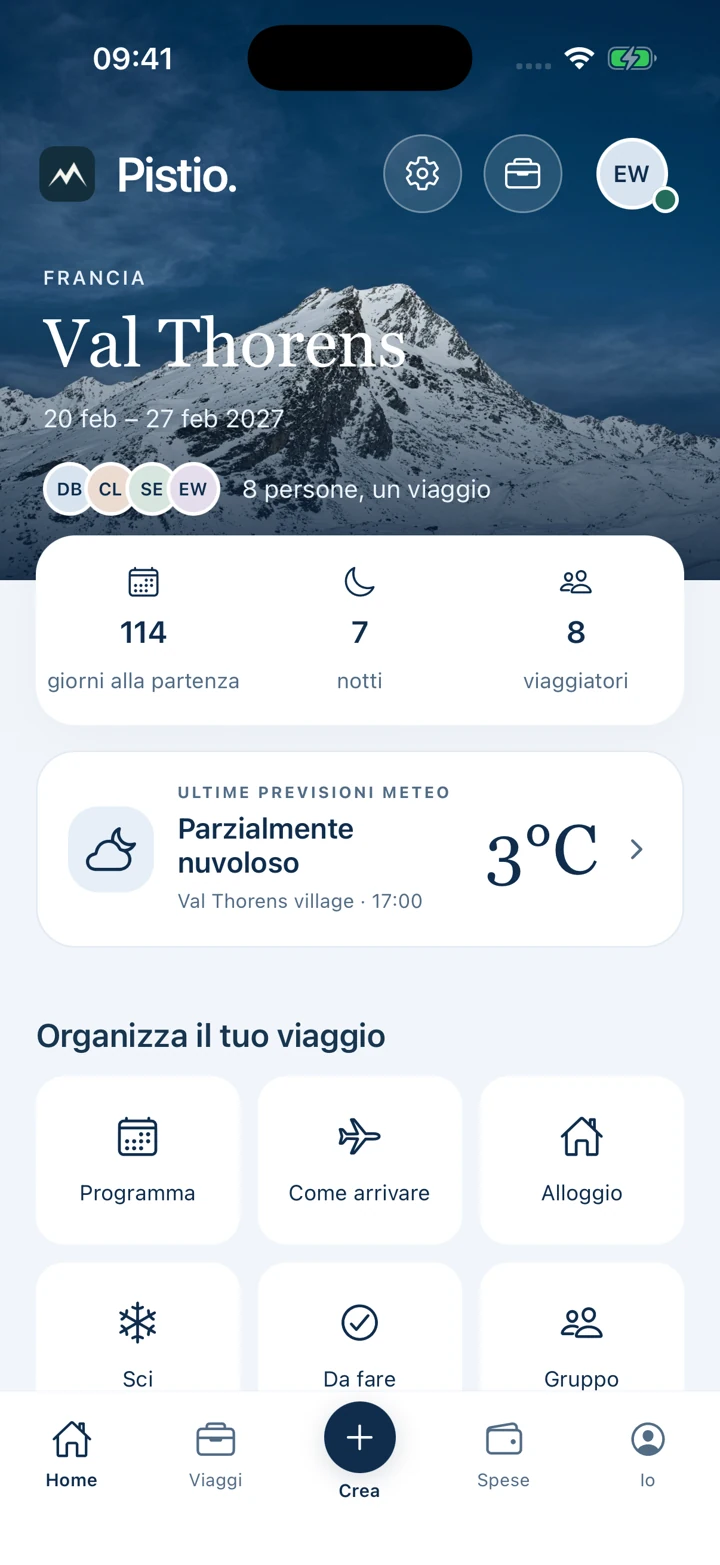 La pagina iniziale del viaggio con destinazione, meteo e strumenti organizzativi