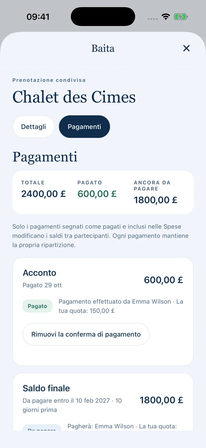 Una prenotazione con registrazioni separate di acconto e saldo