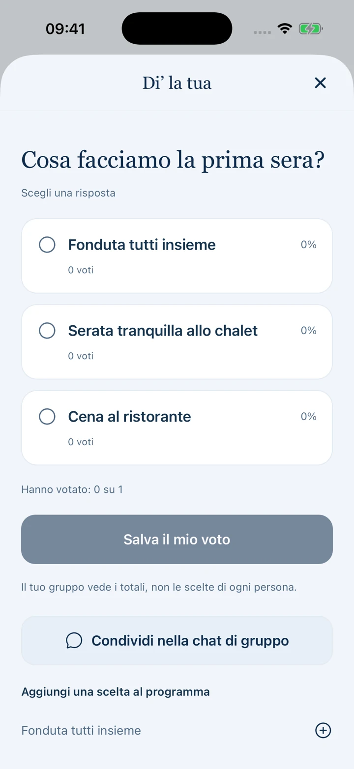 Un sondaggio di gruppo con opzioni e conteggi dei voti