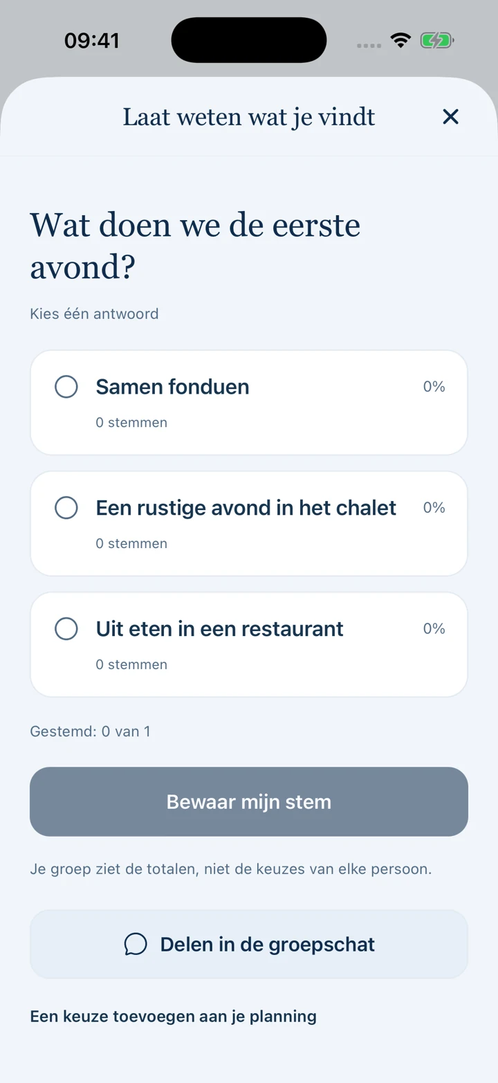 Een groepsstemming met opties en stemaantallen