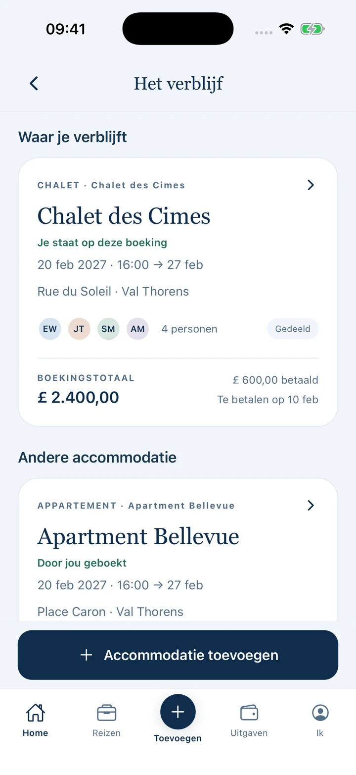 Een accommodatieboeking met adres, gasten en aankomstgegevens